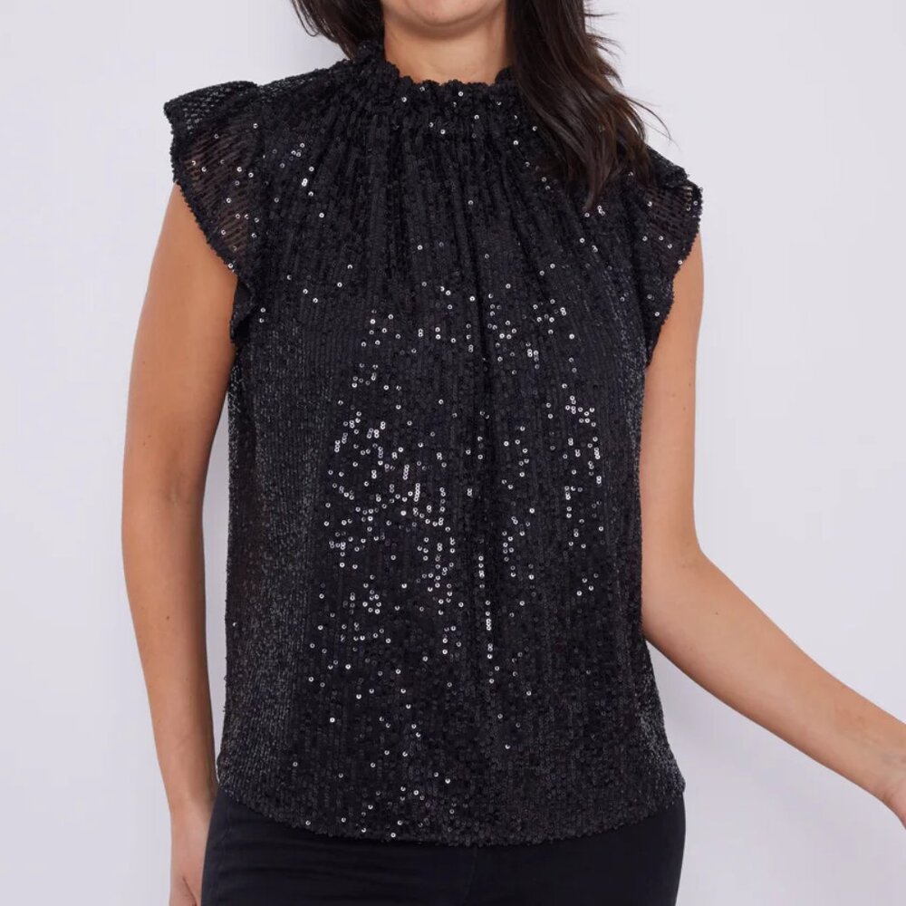 STS Sail To Sable Black Sequin Top Small Ruffle Neck Flutter Sleeve Lined
